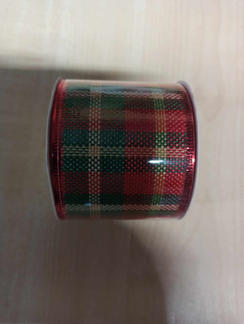 63mm BURLAP TARTAN WIRED EDGE RIBBON RED/GREEN X 10yds - Evergreen Silk Plants