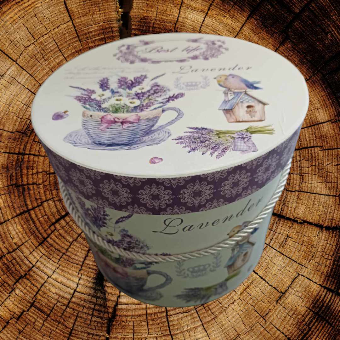 Hat box lavender tea cup 23cm x 19cm | Evergreen Silk Plants