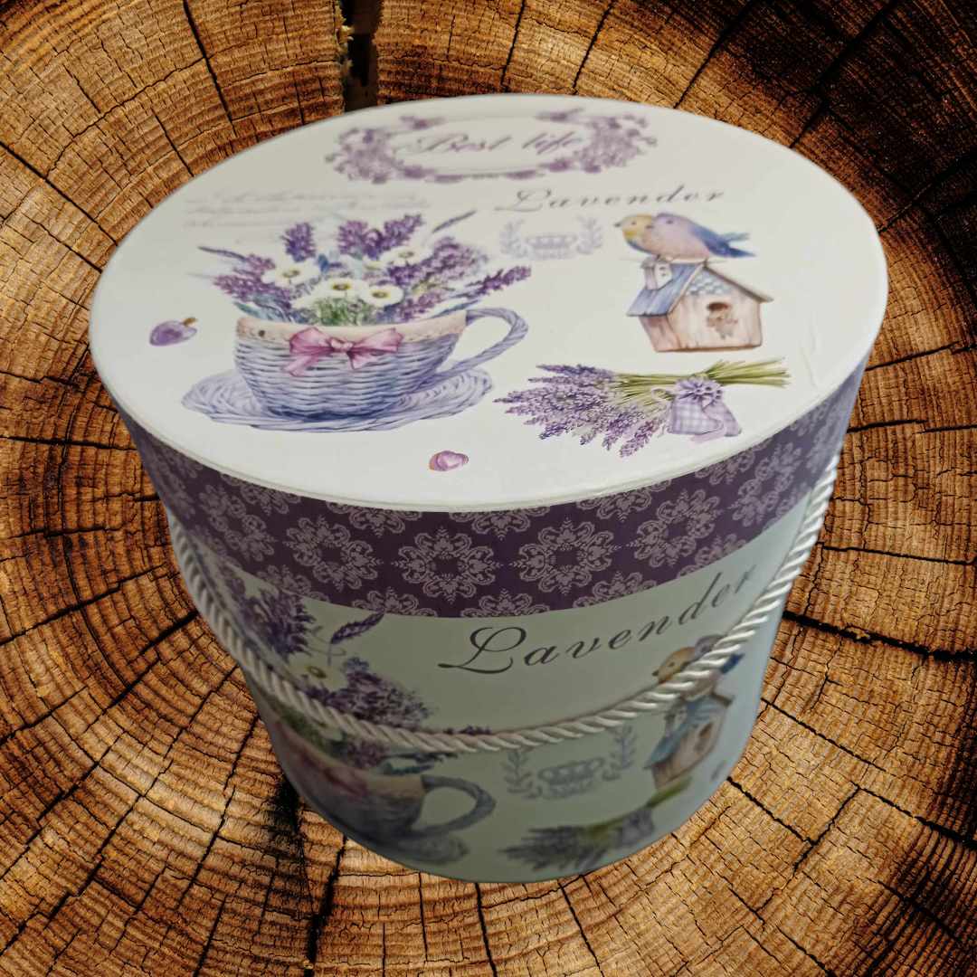 Hat box lavender tea cup 23cm x 19cm - Evergreen Silk Plants