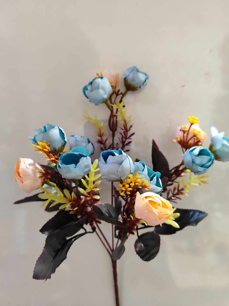 35cm Mini Ranunculus Bouquet Blue/Peach - Evergreen Silk Plants