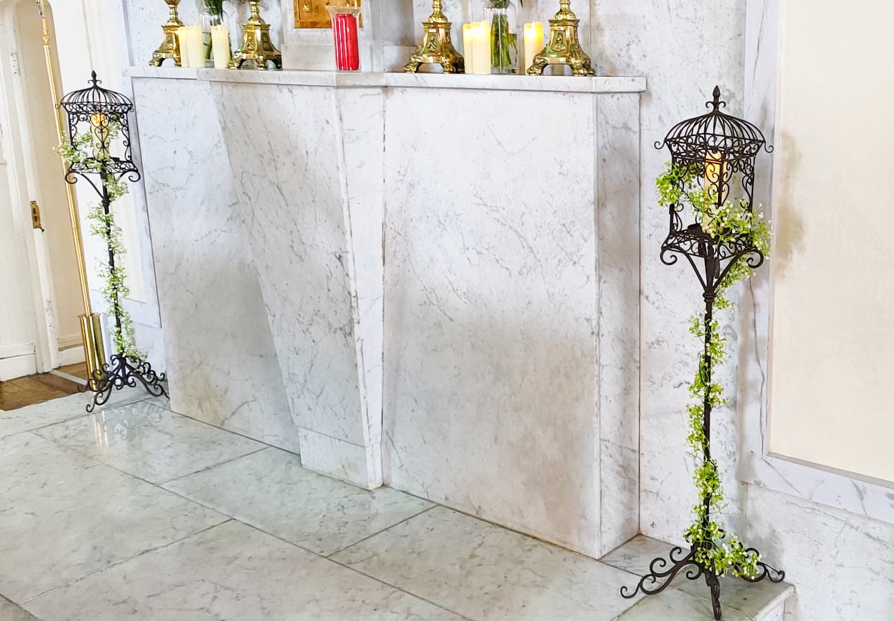 Meadow wedding package church aisle styling with white florals