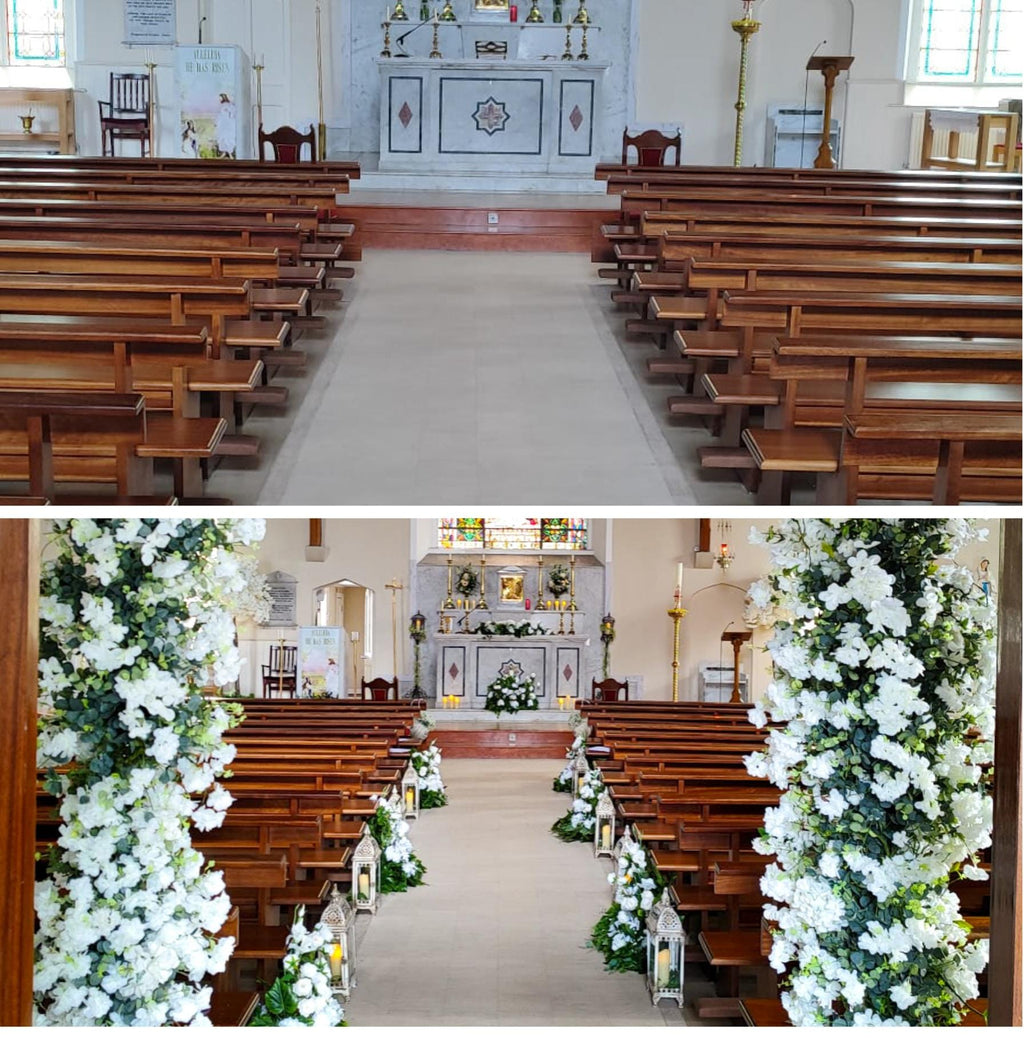 Meadow wedding package church ceremony decor with white floral arches and lanterns
