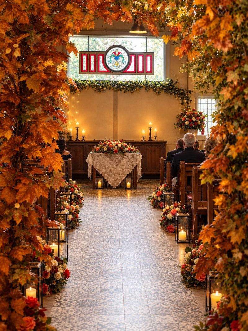 Autumn Meadow arch in warm orange and gold with matching aisle flowers and lanterns