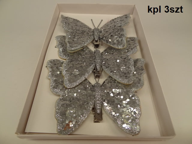 3 Silver Glitter Butterflies - Evergreen Silk Plants