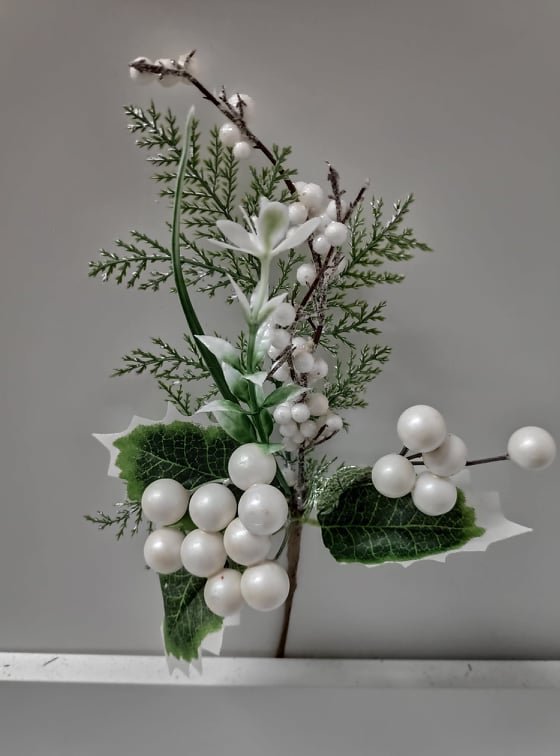 White Berry Pick with Holly - Evergreen Silk Plants White Berry Pick with Holly - Artificial White Berry Pick with Holly - Fake White Berry Pick with Holly - plants White Berry Pick with Holly - trees White Berry Pick with Holly - flowers White Berry Pick with Holly - greenery 