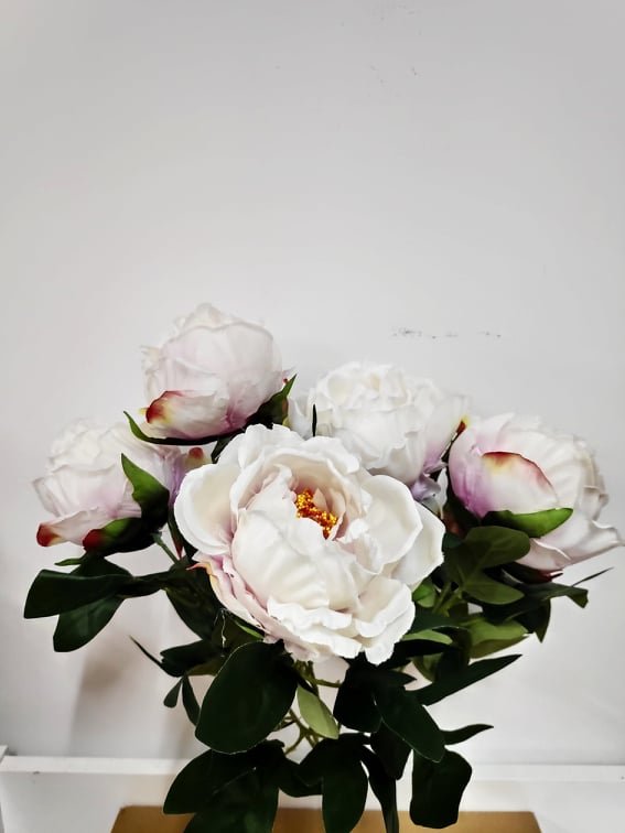 Peony Bouquet 5 head White/Pink - Evergreen Silk Plants