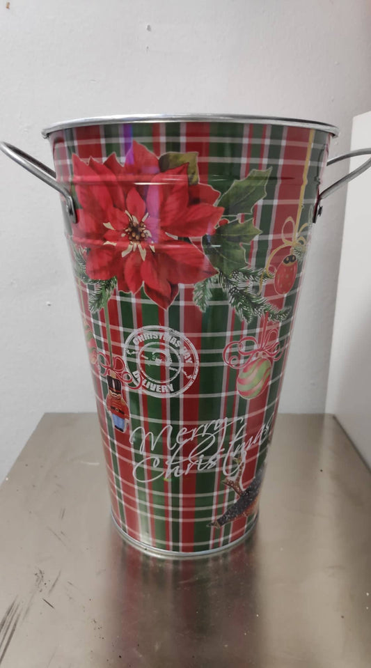 Metal Christmas Bucket Merry Christmas Tartan - Evergreen Silk Plants