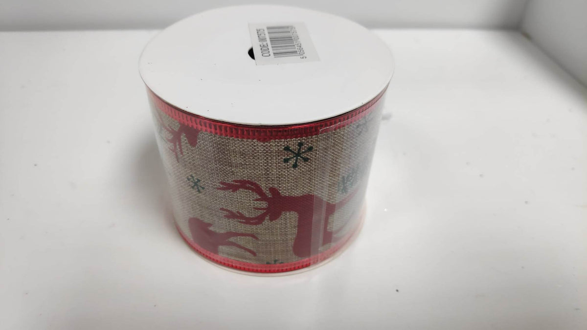 63mm CHRISTMAS BURLAP WIRED EDGE RIBBON X 10yds REINDEER AND TREES NATURAL/RED/GREEN