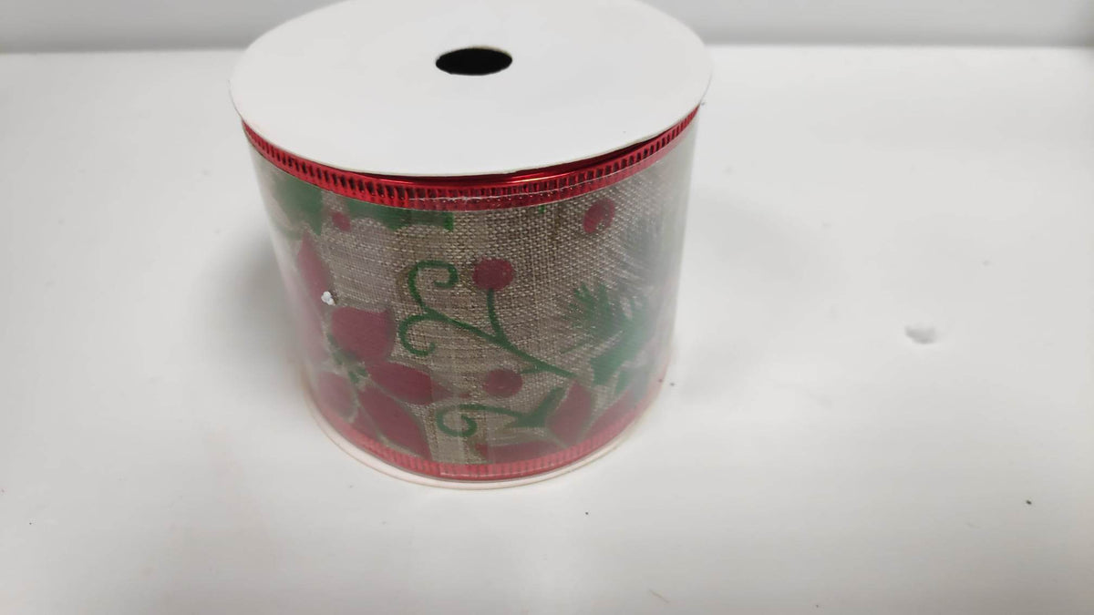 63mm CHRISTMAS BURLAP WIRED EDGE RIBBON X 10yds POINSETTIAS NAT/RED/GREEN