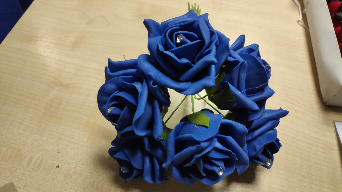 FOAM ROSE WITH DIAMANTE BUNCH OF 6 ROYAL BLUE