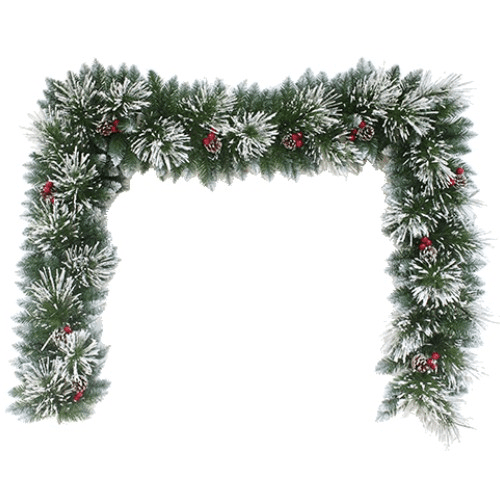 9ft LARGE FROSTED SPRUCE AND PINE GARLAND WITH CONES AND BERRIES - Evergreen Silk Plants