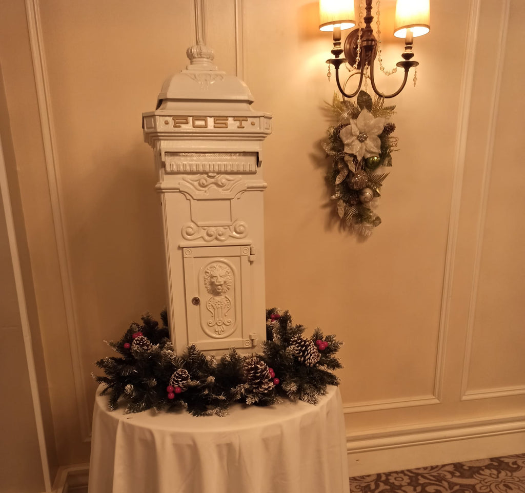 Wedding reception postbox and floral decor detail for guest cards